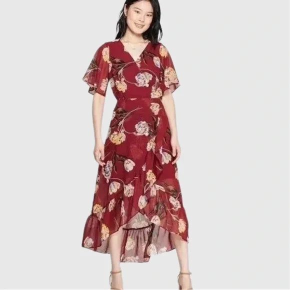 a new day | Dresses | A New Day Red Floral Vneck High Low Cocktail Party  Midi Dress Large | Poshmark